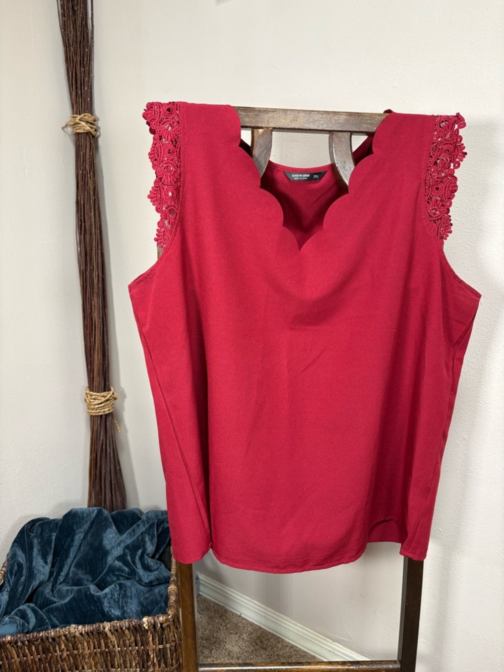 Red Scalloped Neck Lace-Trim Sleeveless Shell - LAST CHANCE!